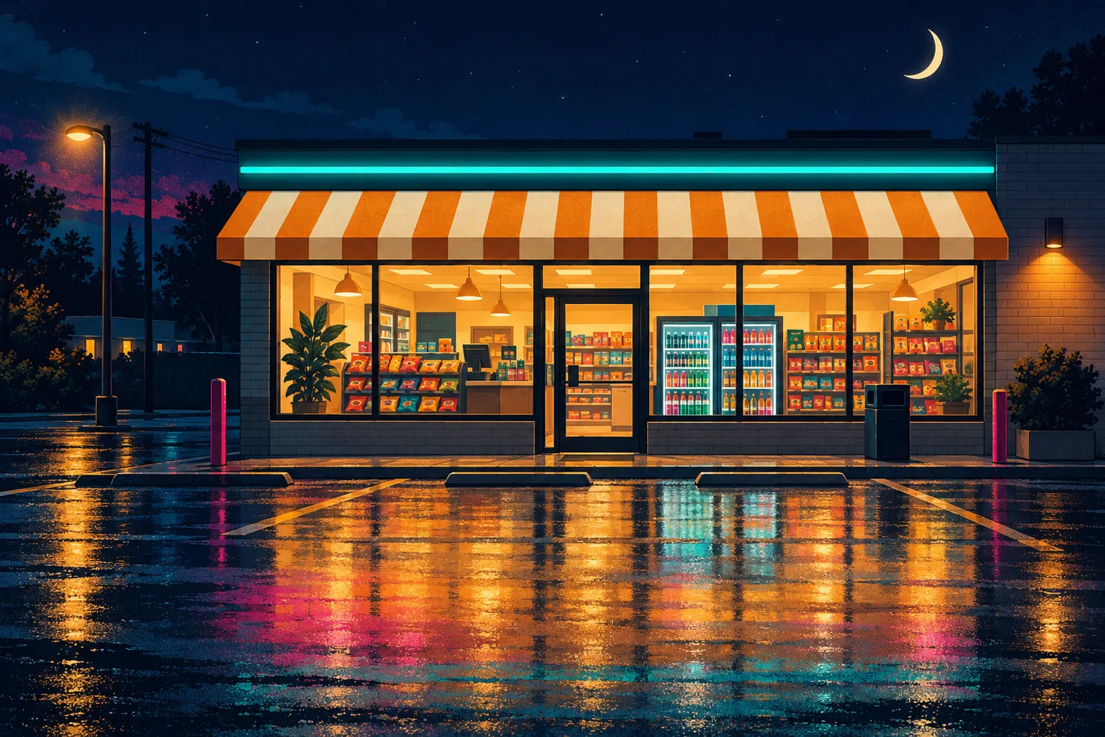 Illustration of an independent convenience store at night, its awning lit and shelves glowing behind the windows